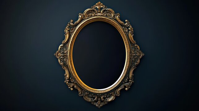 Ornate gold frame, dark background, mockup, empty, elegant, design, oval, wall, studio, art