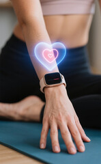 Close up of a woman's hand wearing a smartwatch during yoga with a hologram of a heart appearing on the screen displaying information about the wearer's heart health.