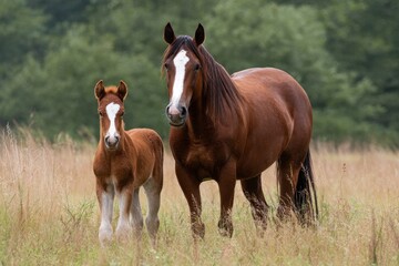 Fototapeta premium A mare nurtures her lovely foal in a meadow