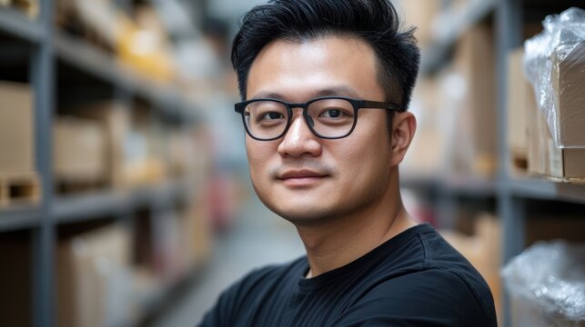 Confident warehouse worker portrait, aisle background, inventory management