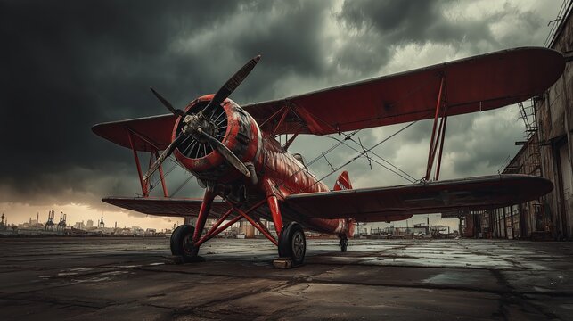 A vintage biplane is parked on a tarmac under a cloudy sky. The image captures the nostalgia and adventure of early aviation.