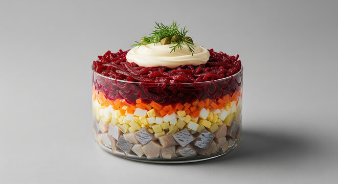 Traditional russian layered salad 'herring under a fur coat' served in a glass bowl on a gray background