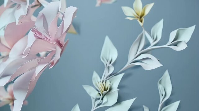 Delicate pastel blue paper blossoms fold unfold endless origami ballet revealing subtle embossing layered cut outs minimal palette perpetual motion offer elegant K background cosmetics commercials