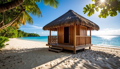 Thatched Hut on Sandy Tropical Beach with Blue Water