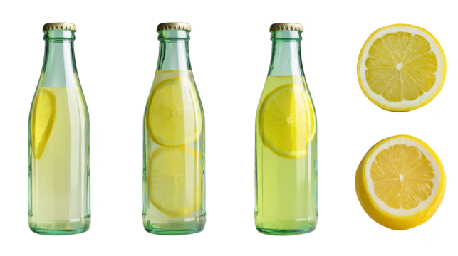 Bottles of fresh lemon and orange juice, a refreshing citrus delight refreshing