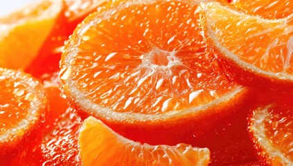 Close-up of sliced oranges, glistening with juice