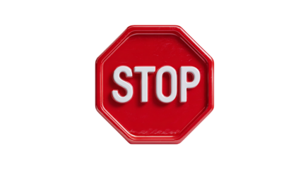 Red octagonal STOP sign with white text and beveled plastic style, bold cartoon 3D icon isolated on transparent background 