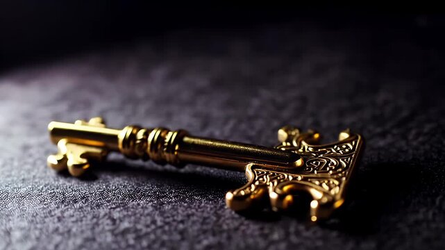 Antique gold key rests velvet dark tabletop intricate design video gleaming under soft K lighting conveying luxury mystery access escape room adverts banking intros fantasy