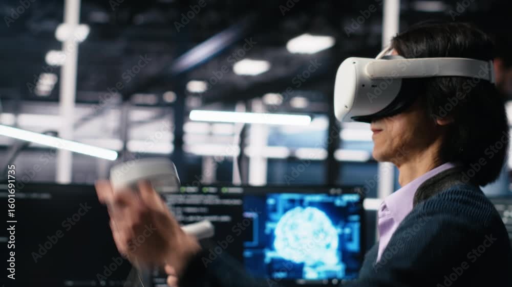 Poster data center engineer using virtual reality, working on neural network software development. it exper