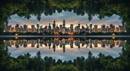 City skyline reflected in water framed by trees