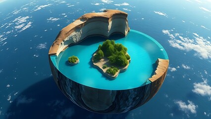 A cutaway Earth core reveals an azure ocean with floating islands, defying natural laws.