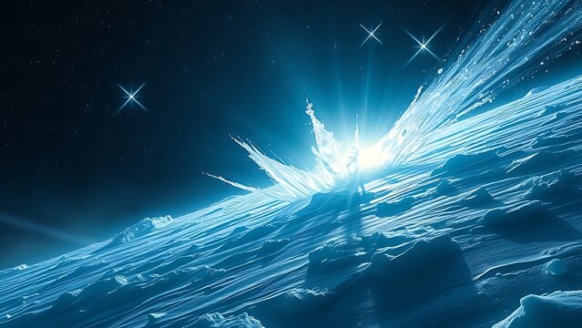 Colossal comet erupting crystalline geysers refracting starlight into prismatic beams.