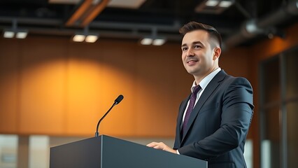 A confident presenter in business attire stands at a modern podium in a professional studio setting.