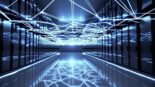 Hyper real K render pans down endless corridor humming data centre racks fibre optic lights racing along cables to convey speed connectivity enterprise resilience IT