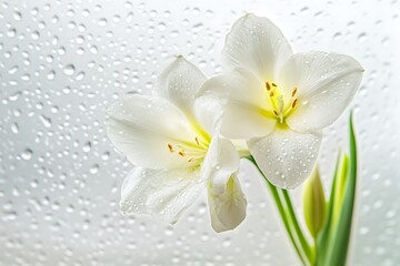 Obraz premium Elegant white amaryllis flowers with water droplets against a blurred background, floral beauty