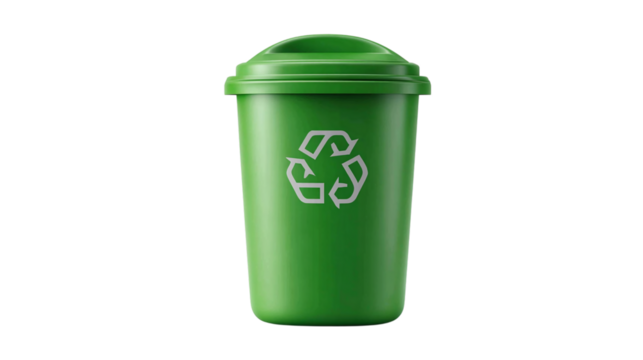 Simplified 3D waste container icon in smooth plastic style, trash bin symbol. Isolated on transparent background 