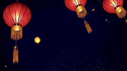 Lantern lit celebration ascends glossy crimson globes drift skyward golden fireworks shower upper frame leaving ample negative space below text elegant K vertical animation suits Lunar New Year - Powered by Adobe