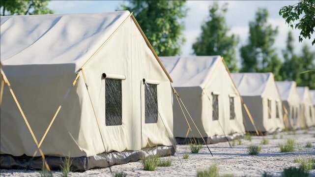 A series of portable tent-like units set up in a line.