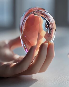 Crystal heart symbolizing love and care. Crystal egg in elegant hand, crystal egg in elegant light, crystal egg in elegant clarity