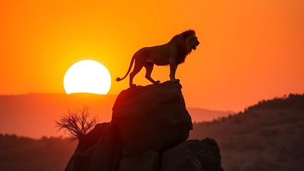 A lion's silhouette against a sunset backdrop, showcasing the beauty of wildlife.