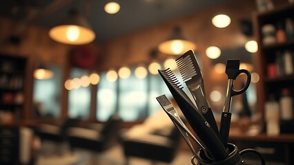 Barber shop scene highlighting hairstyling tools in warm ambient light.