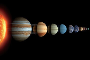 Solar system planets in a row against a black backdrop.  Large, glowing sun at left, followed by a row of planets of varying sizes and colors