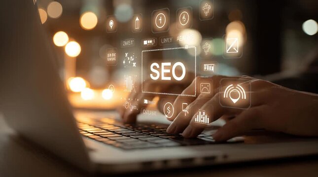 SEO concept with hands on laptop keyboard. seo marketing strategy, seo marketing strategy, seo marketing strategy