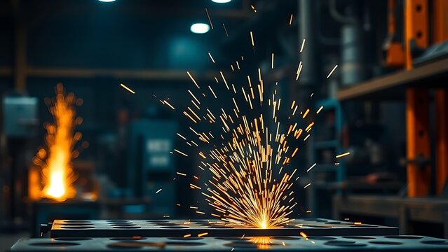 A close-up of a metal workshop with glowing sparks and dramatic lighting.