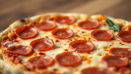 Close-up of a pepperoni pizza with melted cheese, showcasing appetizing details.