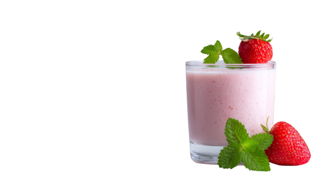 Refreshing pink strawberry milk delight, a glass of creamy goodness topped with fresh