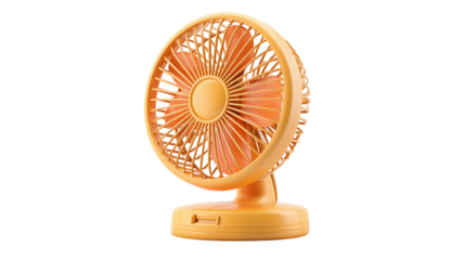 Spinning desk fan in toy-like 3D design, minimal cartoon cooling appliance. Isolated on transparent background 