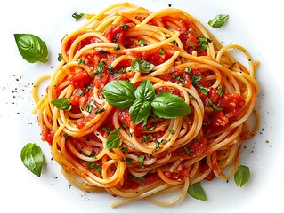 A photorealistic top-down view of spaghetti pasta topped with red marinara sauce and garnished with fresh basil, isolated on a clean white background