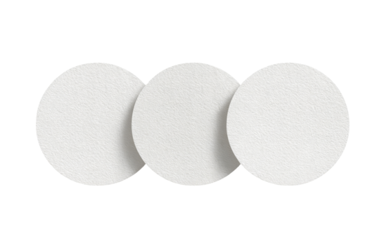 Three circular, white filter discs