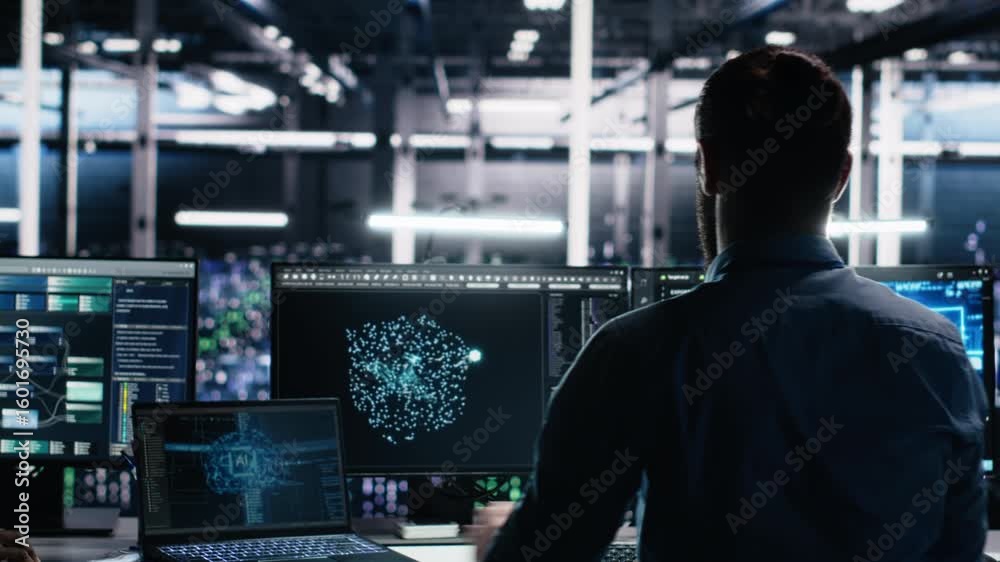 Poster admin using devices in data center, coding with generative ai assistance. it employee oversees lever