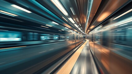 An abstract urban transit scene with dynamic motion blur and cool metallic tones.