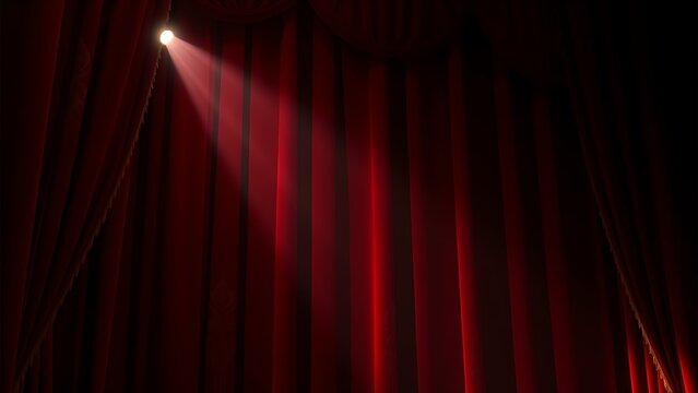 Dramatic red velvet theater curtains with golden details, illuminated by a spotlight.