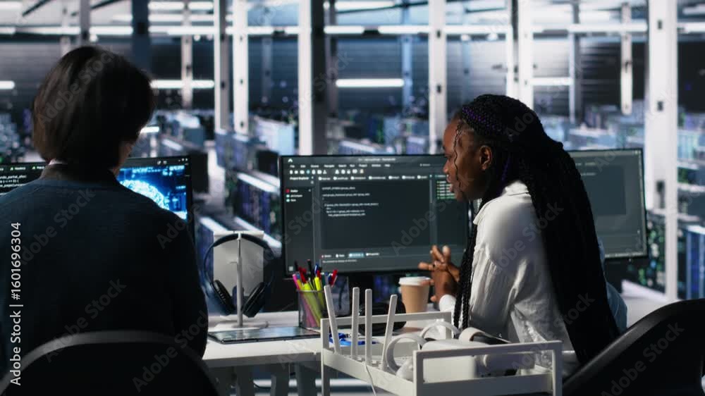 Poster data center admins doing brainstorming, working on neural network software development. server farm 