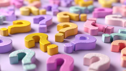 Pastel question marks scattered on a light purple surface