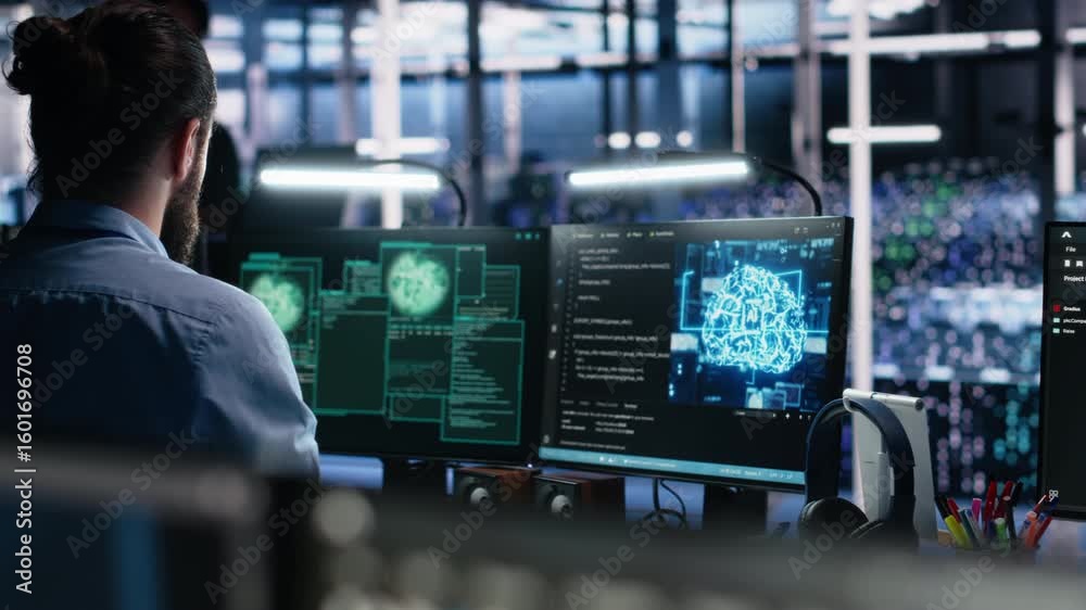 Poster server farm programmers seeing hacking warning, working to secure systems from cyberattack accessing