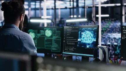 Server farm programmers seeing hacking warning, working to secure systems from cyberattack accessing confidential data. Team of data center coworkers fighting virus during security breach, camera A - Powered by Adobe