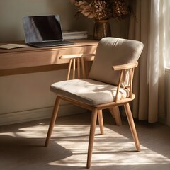 Warm Light Tan Wooden Chair for Comfort and Natural Texture in Cozy Home Office Workspace