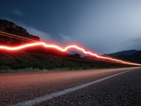 Red light trails on a country road at night, with a mountain backdrop