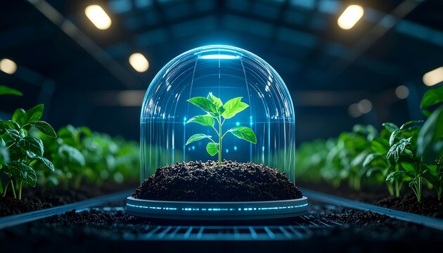 Plant Growing Under Protective Dome in Greenhouse Environment