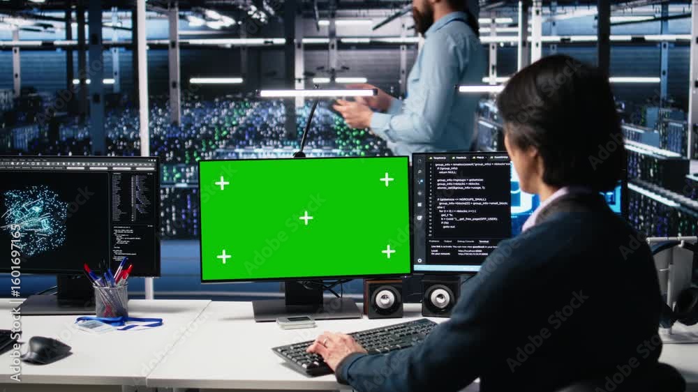 Poster data center admin typing on isolated screen pc keyboard, using ai. it specialist at work using artif