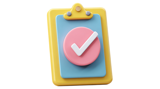 3D clipboard with checkmark in cartoon plastic style, project completion concept, isolated on transparent background 