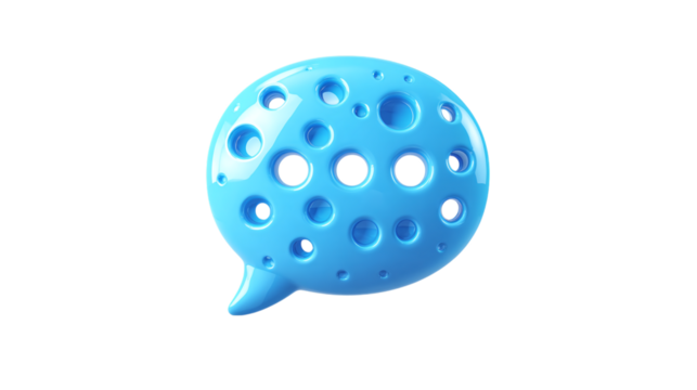 3D chat bubble icon with dots in cartoon plastic style, dialogue and message concept, isolated on transparent background