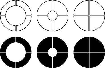 six circular icons. Each circle is divided into four equal quadrants, with variations in design. 