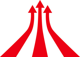 three red arrows converging and pointing upward, symbolizing growth, progress, unity, and upward movement.