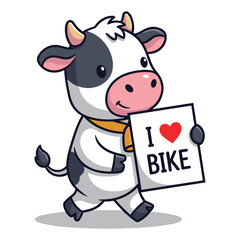 Cartoon Cow Holding I Love Bike Sign Illustration, Animal Character Vector, Cute Dairy Mascot Fun,