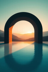 Surreal archway opening to a golden sunset over misty mountains reflected in water